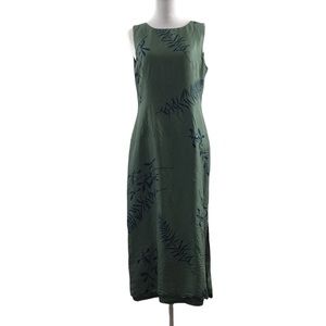 Coldwater Creek Green Blue Leaves Print Midi Silk Dress Womens 10P Sleeveless